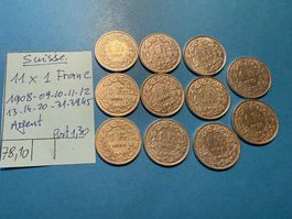 SUISSE : 11 X 1 FRANC 1908-09-10-11-12-13-14-20-31-39-45-