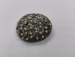 Wunderschöne Vintage Brosche mit Perlen und Türkis- imitat