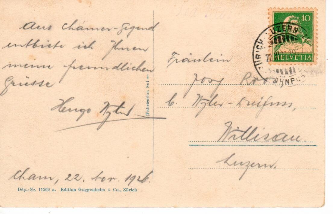 Cartoline postali: Cham  1926 – Usato da Wolhusen venduto da Curver9 1