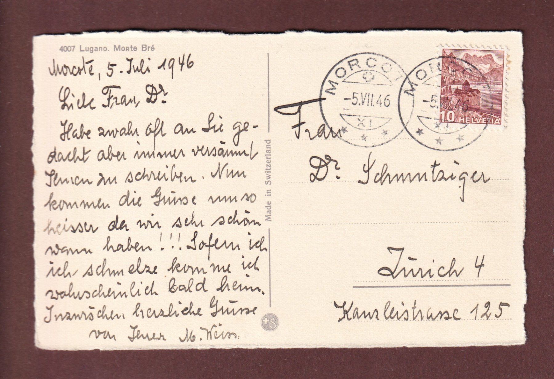 Cartoline postali: LUGANO - Monte Brè - 1946 – Usato da Pully venduto da nicecards-shop 1
