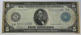 USA grosse 5 Dollar Banknote Federal Reserve Note von 1914