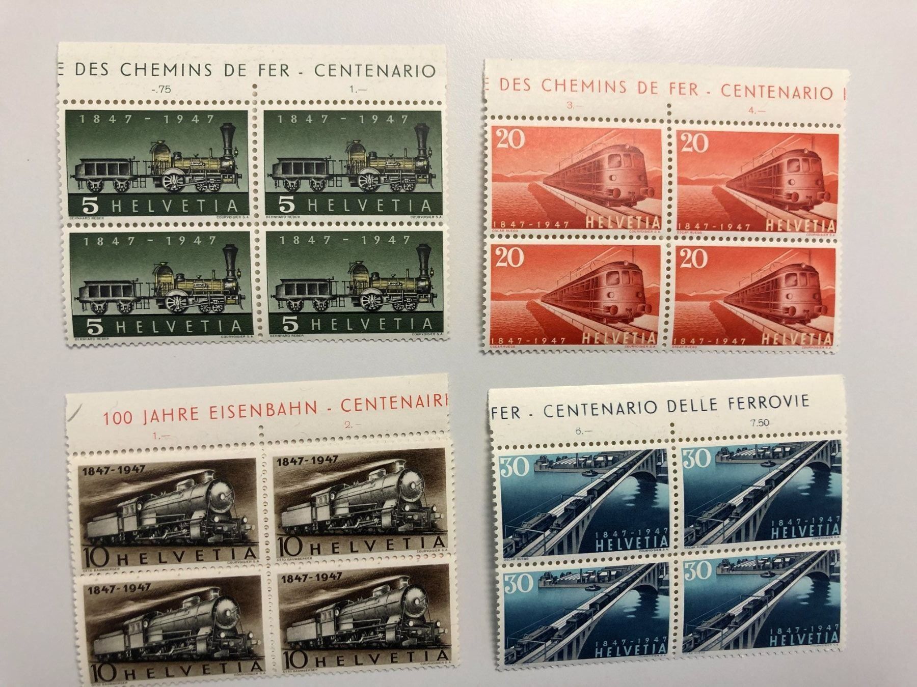 Alle Briefmarken: 100 Jahre Eisenbahn CH 4er Blocks 1947 – Gebraucht aus kriens von bst999