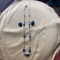 Vintage 1930s 40s Blue Scarab Clip Earrings & necklace stamp