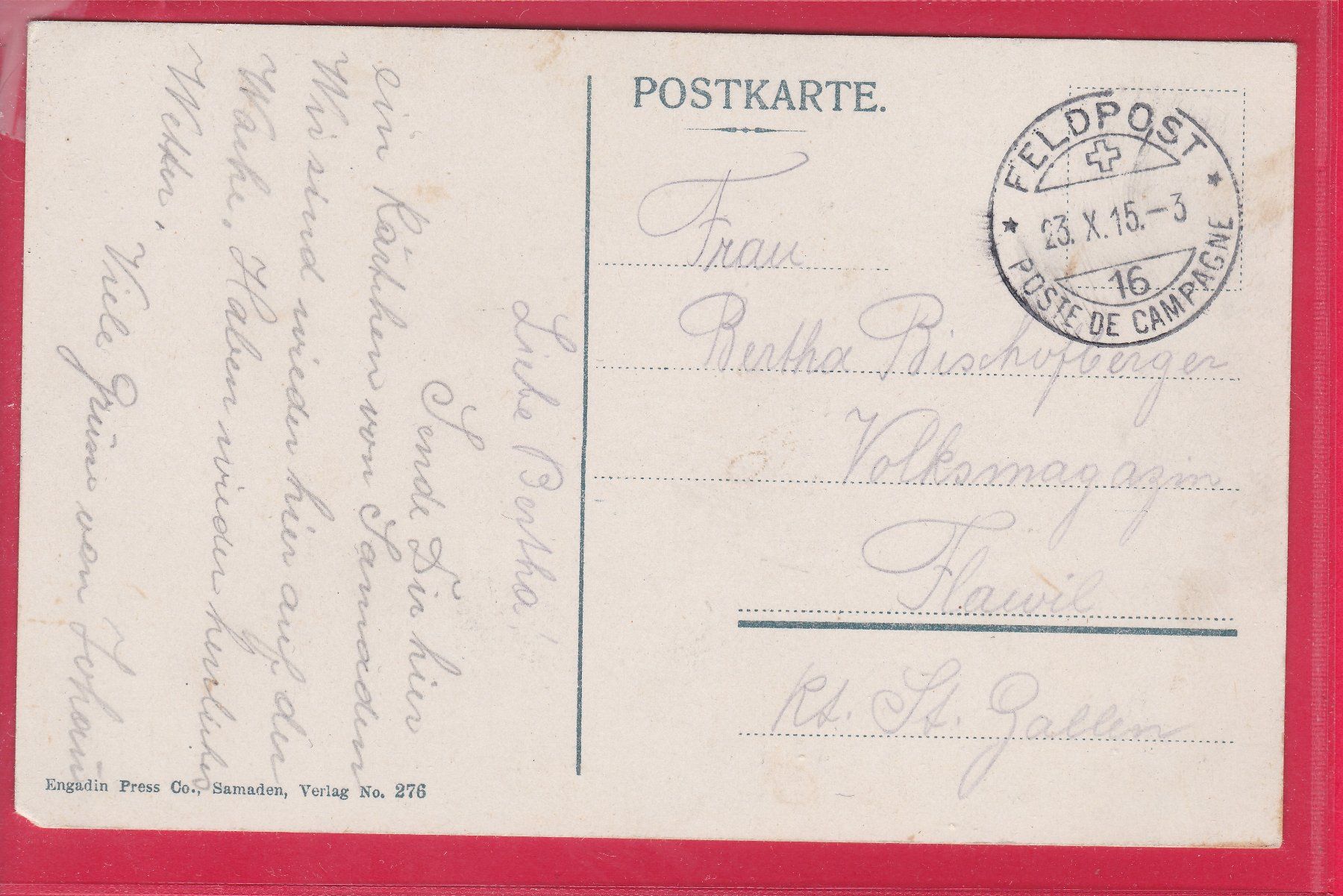 Cartoline postali: SAMADEN MIT BERNINA-GRUPPE, 23.10.1915, FELDPOST – Usato da Oberrieden venduto da Gebirgsstelze 1