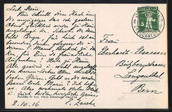 Cartoline postali: AK Colombier /NE, Vue generale, 1916 – Usato da Berlin venduto da bartko-reher 1