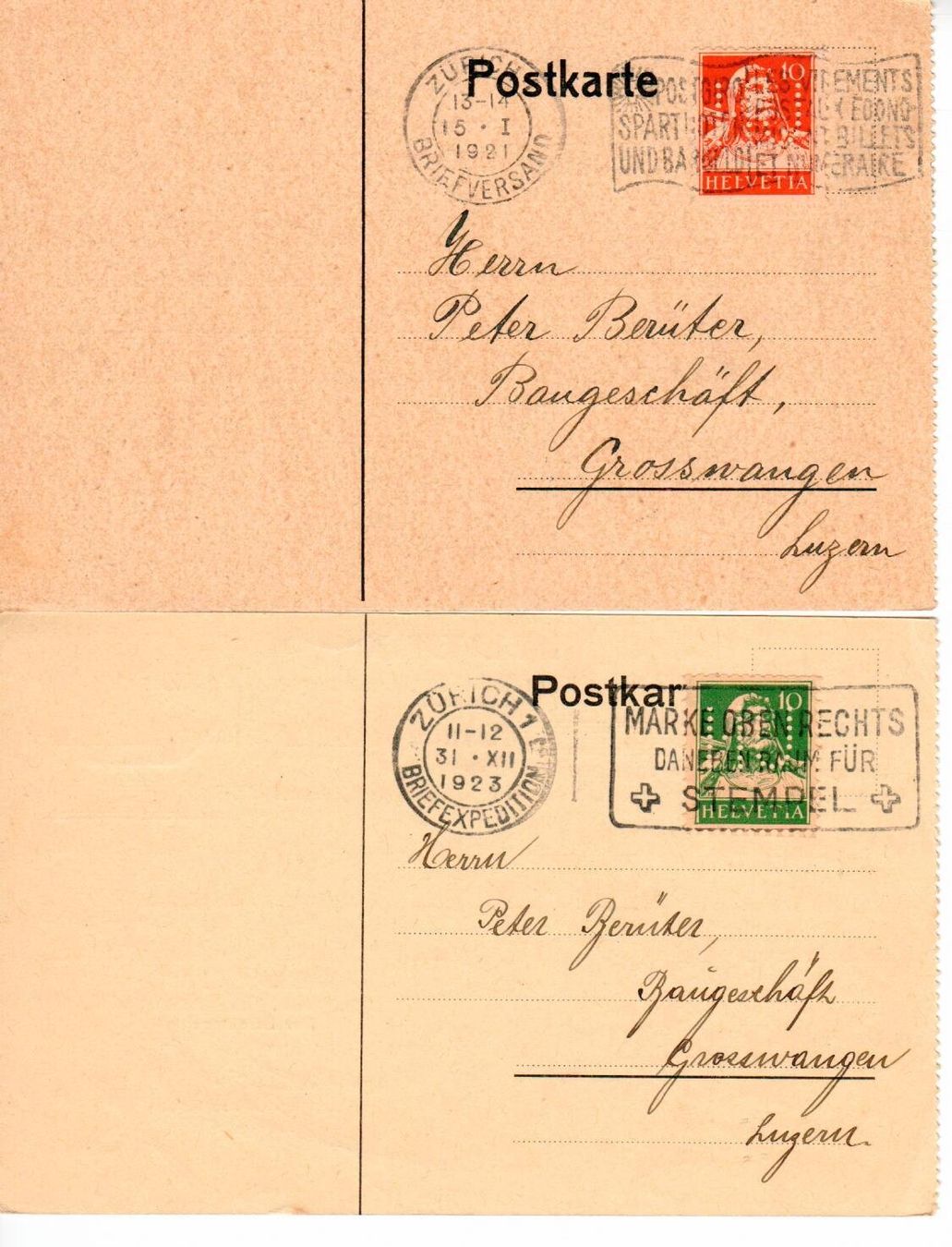 Alle Briefmarken: 2 Postkarten - Perfin – Gebraucht aus Wolhusen von Curver9