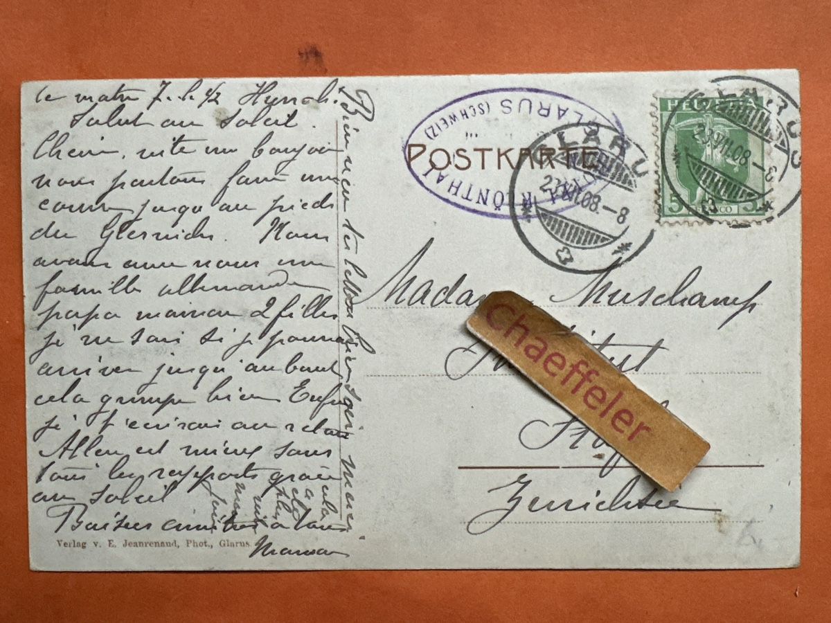 Ansichtskarten: Antike Ansichtskarte 1908 Am Klöntalersee Glarus – Gebraucht aus Zürich von Chaeffeler 1