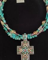 Turquoises Citrines Red Garnets & Coral 70’s Cross Necklace