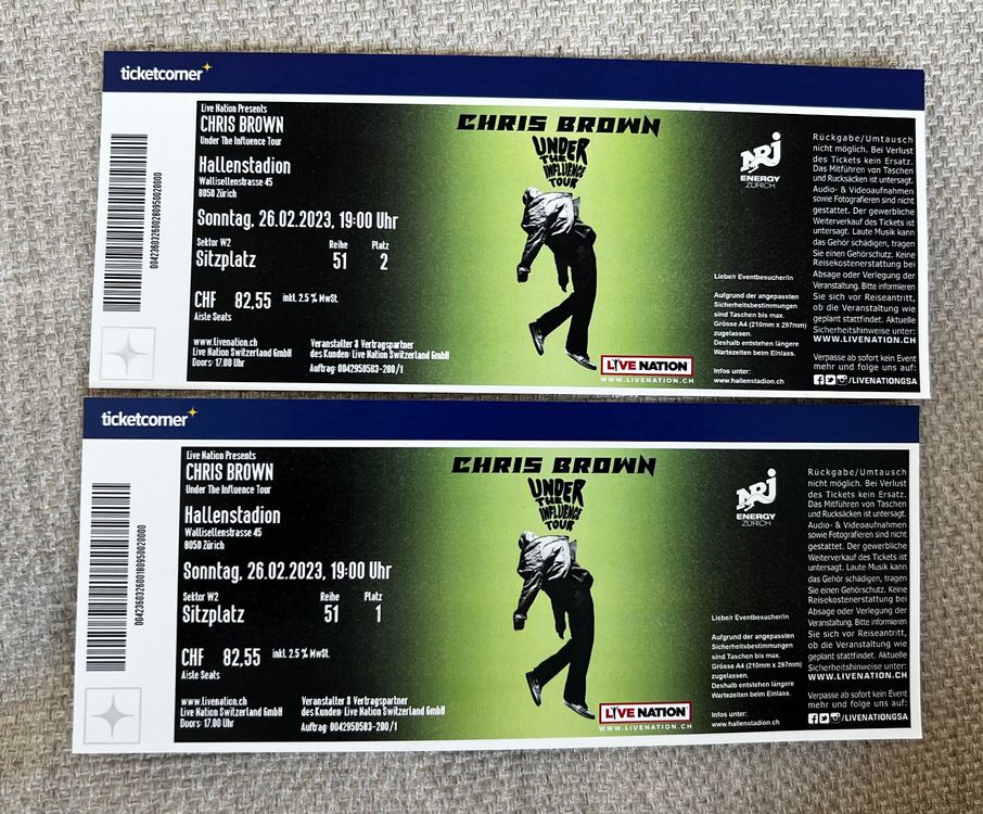 Tickets CHRIS BROWN Konzert Hallenstadion Aisle Seat 2x Kaufen auf Ricardo
