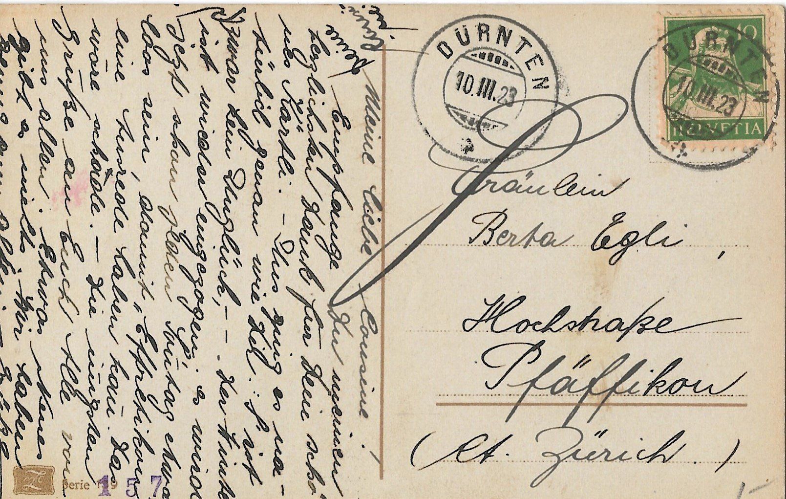 Ansichtskarten: Dürnten, 1923 – Gebraucht aus Frauenfeld von Merk52 1