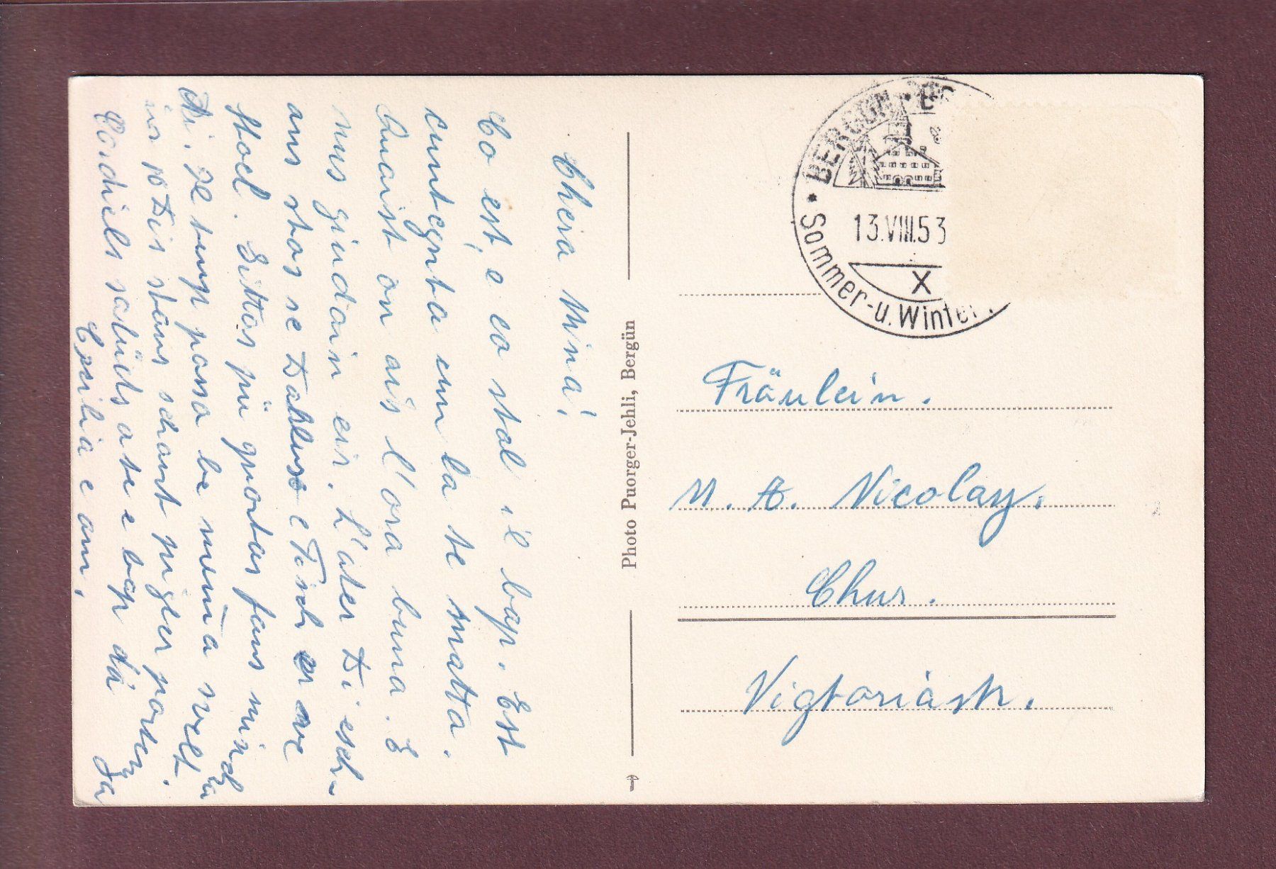 Cartes postales: BERGÜN - 1953 – D'occasion à Pully par nicecards 1