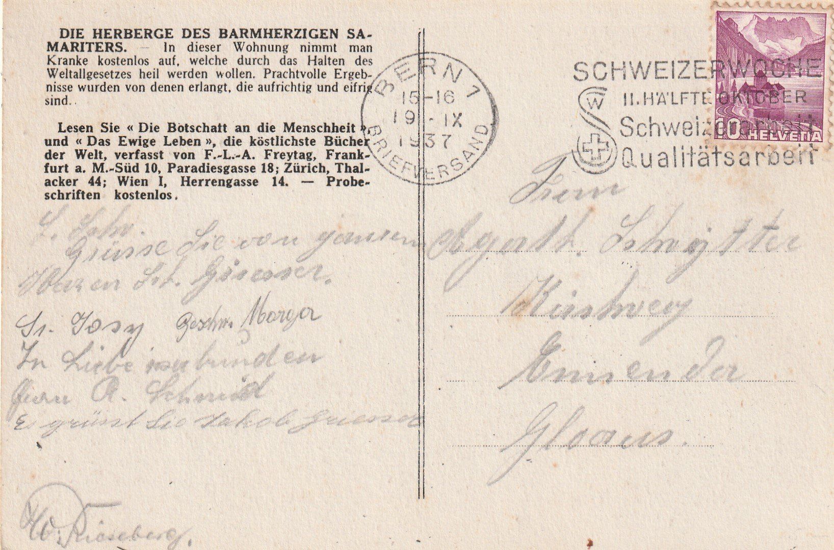 Cartoline postali: Bern-Haus der Barmherzigkeit 1937 – Usato da uttwil venduto da Koehlerfred 1
