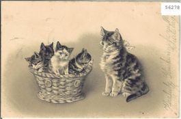 Katzenmutter mit Jungen - Präge-Litho - Stabstempel