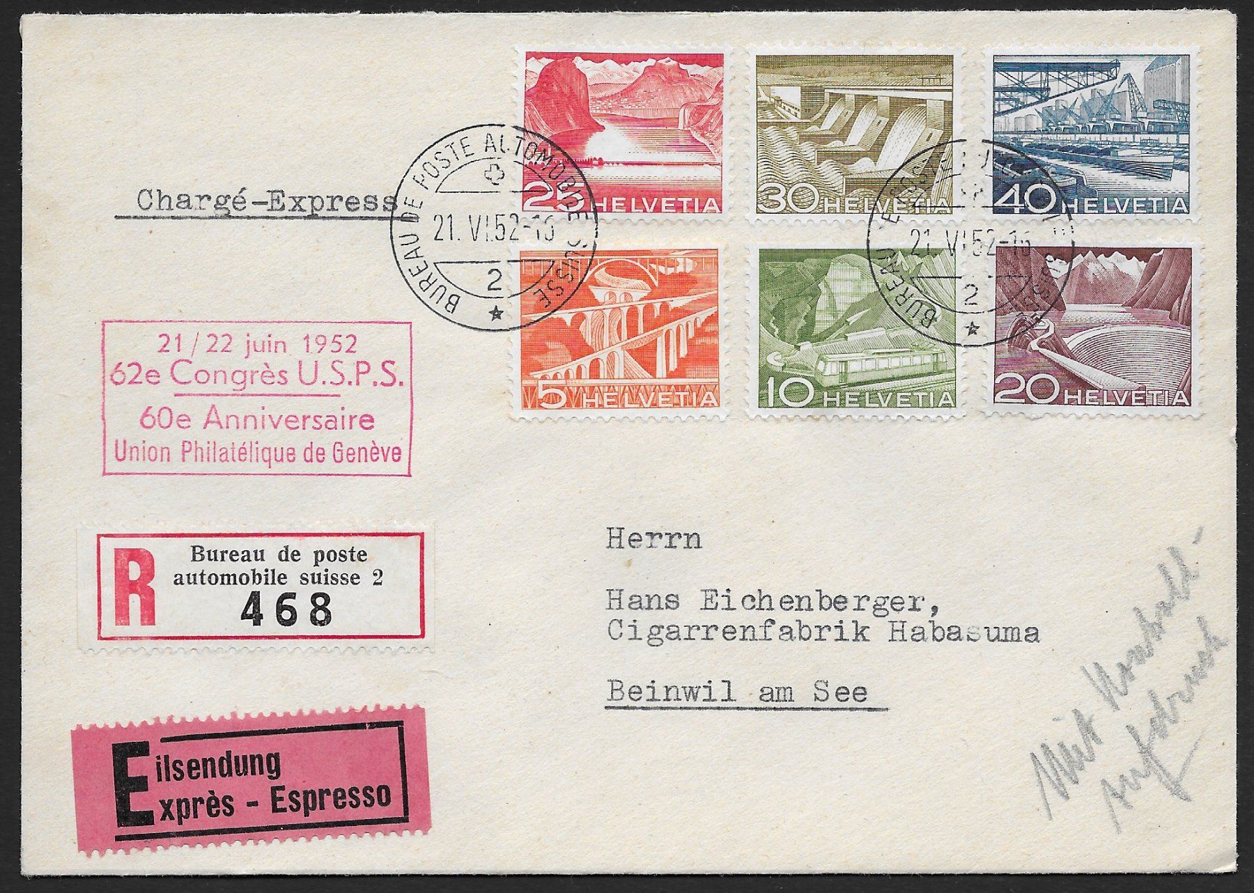 Tutti i francobolli: 1952: Rec.-Express-Brief mit 6 Technik & Landschaft Marken – Usato da Walperswil venduto da Tcheidi