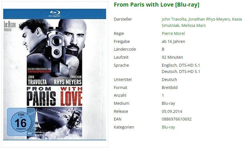 Tutti i DVDs: From Paris with Love (Bluray) – Usato da Emmetten venduto da SVollenweider