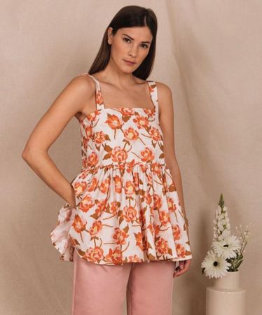 Ayen Top mit Schösschen Blumen creme orange S/M Baumwolle