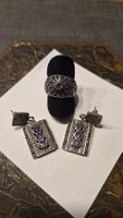 Schmuckset Ring und Ohrringe mit violetten Steinen