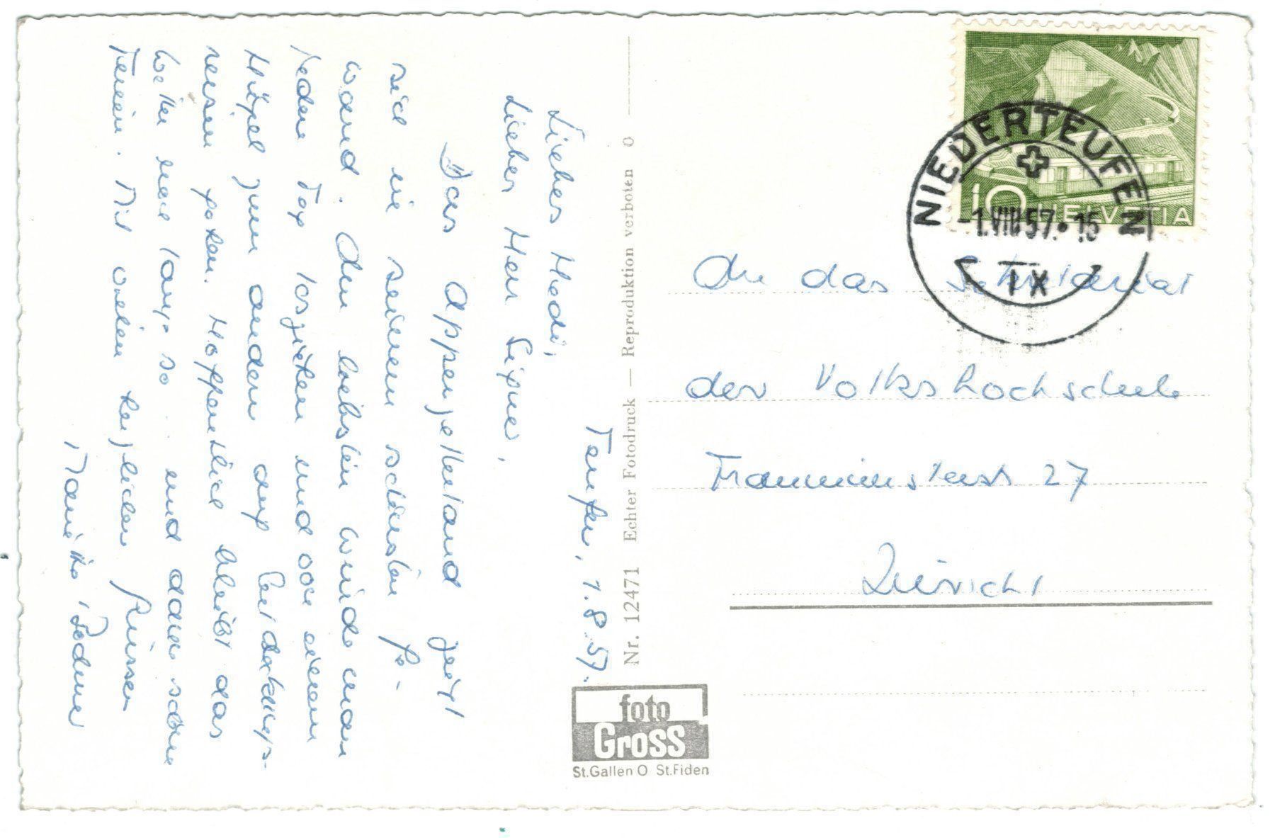 Cartoline postali: AK Teufen, Kloster Wonnenstein 1957 – Usato da Zürich venduto da Tolima194 1