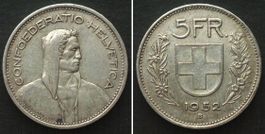 Schweiz 5 Franken 1952 Silber SELTENES JAHR! vz+