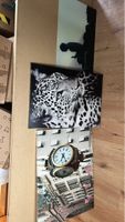 3x Wandbilder mit Tiermotiv und Uhr und Buddha