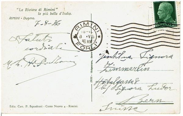 Cartoline postali: RIMINI - Duomo, 1936 – Usato da Flims - Dorf venduto da Stagediver 1