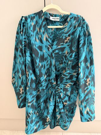 Vintage Marecolas Paris Long Blouse, Blue Animal Print