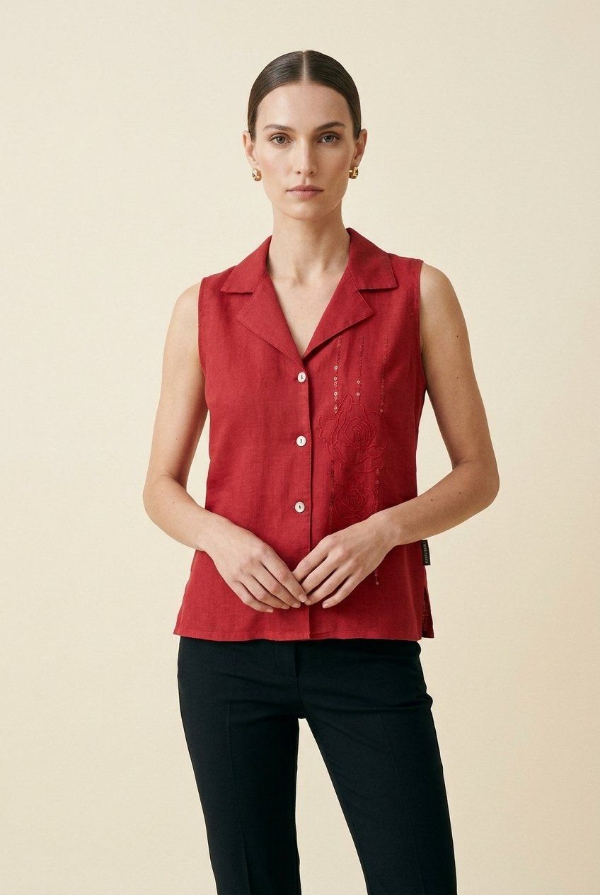 Camicette: Chemisier 100% Lin Rouge Brodé Sequins T. L – Usato da Fribourg venduto da re-fine