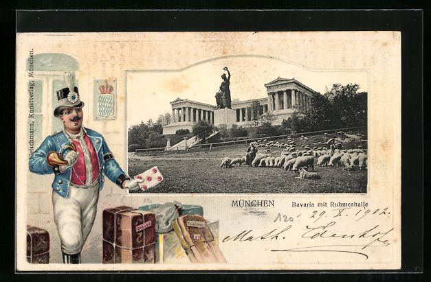 Ansichtskarten: Litho München, Schafherde vor Bavaria u – Gebraucht aus Berlin von bartko-reher