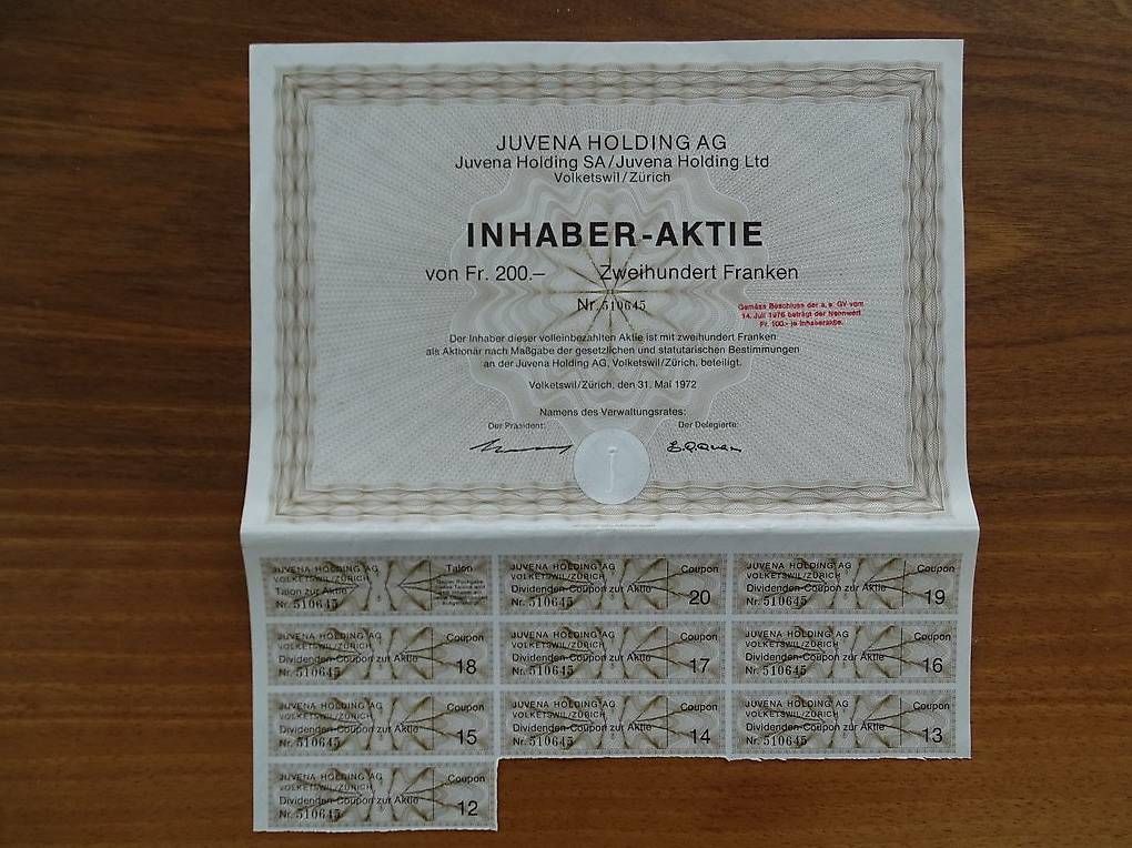 Dokumente: Inh. Aktie Juvena Holding AG – Gebraucht aus Schwyz von schwyzch 1