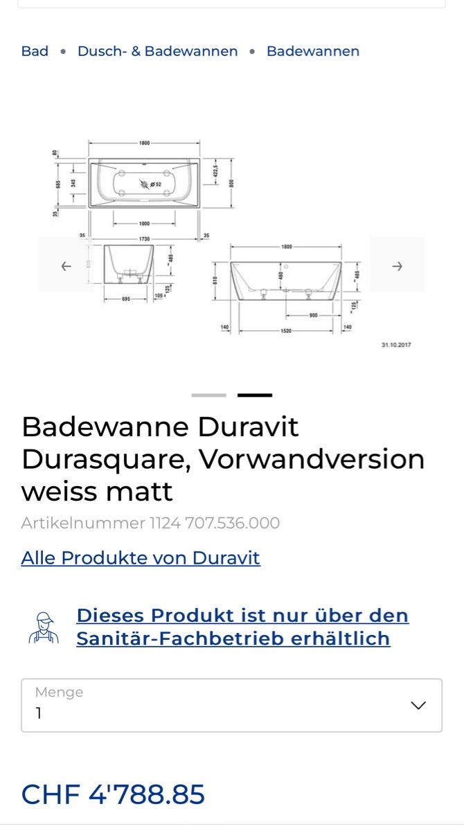 Vasche da bagno: Badewanne Duravit Durasquare, Vorwandversion weiss matt – Nuovo e nell'imballaggio originale da Amriswil venduto da deluxe_bad 3