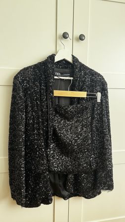 ZARA Black Sequin Jacket Skirt Set Size S New