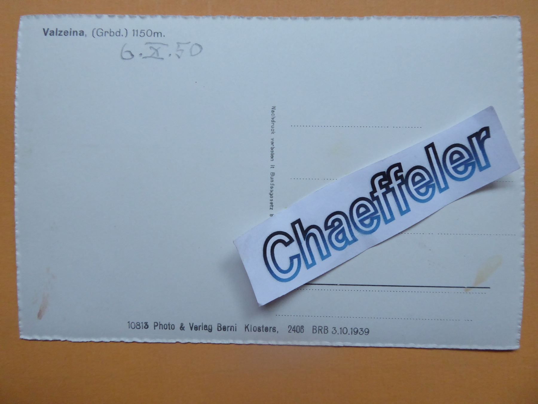 Cartes postales: 1950  Valzeina ( Grbd.) – Neuf (Voir description) à Zürich par Chaeffeler 1