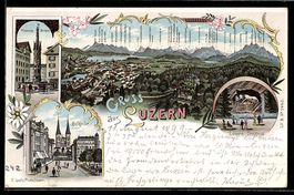 Litho Luzern, Hofkirche, Weinmarkt-Brunn