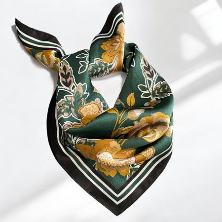 New 53cm 100% Silk Scarf, Halstuch, Deep Green Floral Scarf