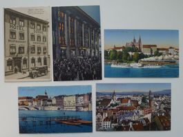 5 alte Postkarten von BASEL, Hotel Sonne, Theater, Schiff...