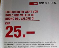 25 Fr. SBB Halbtax Gutschein Rabatt Bon Bahn Zug Schiff Tram