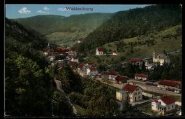 AK Waldenburg, Ortsansicht mit Bahnhof und Kirche