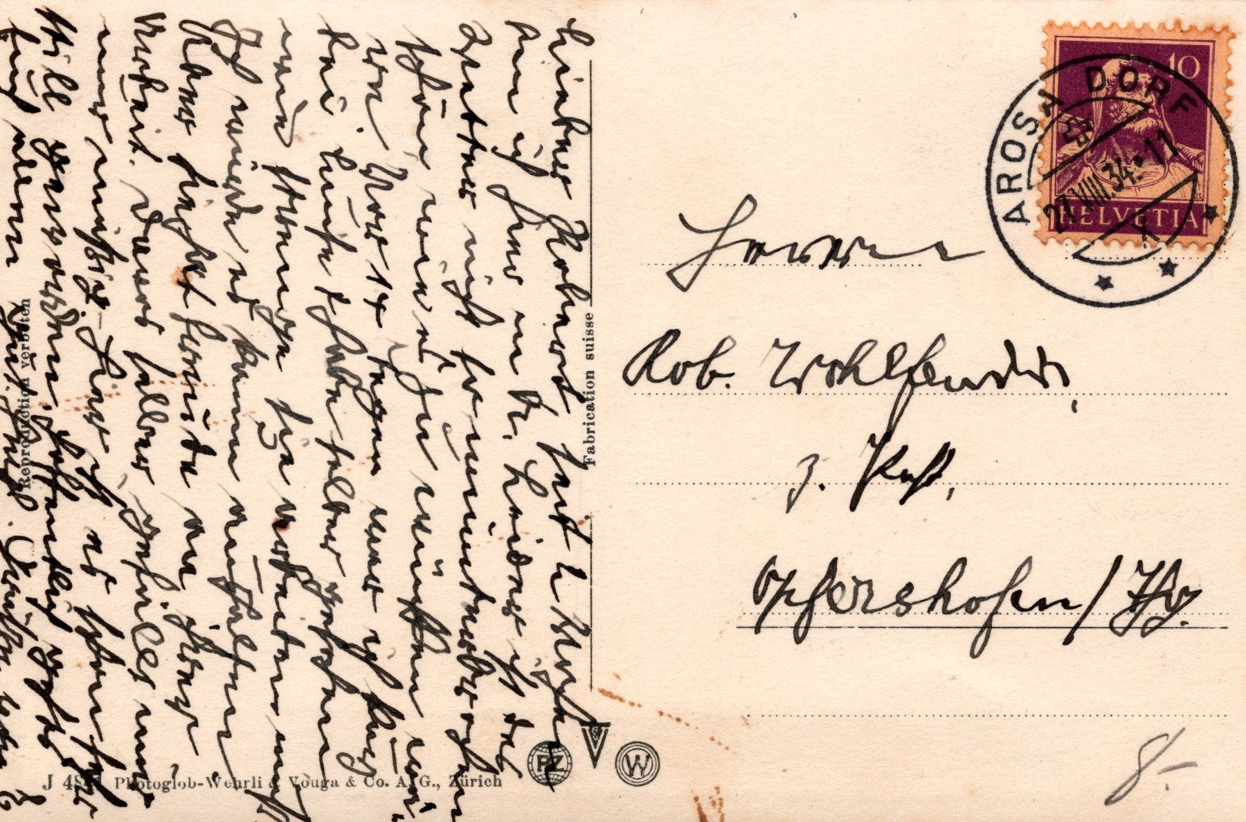 Cartoline postali: 0091 - Postkarte / Ansichtskarte - Arosa – Usato da Reinach BL venduto da Boston-Verkauf 1