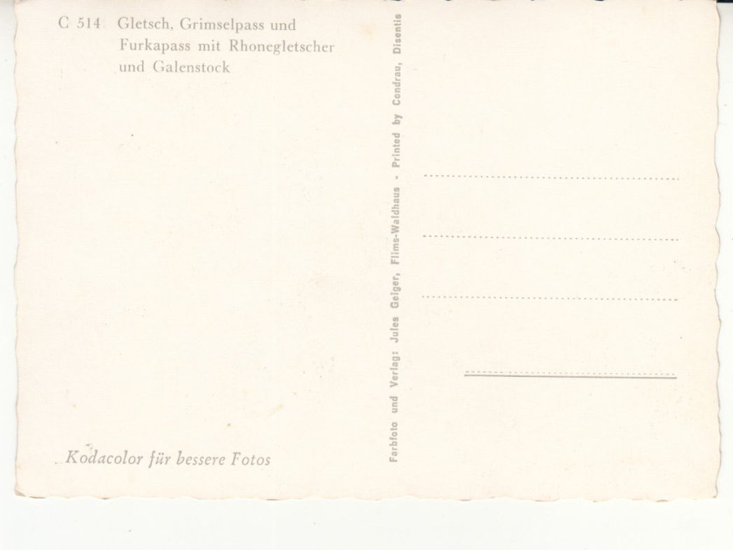 Cartoline postali: Gletsch Grimsel Furka ca. 1960 – Usato da Bürglen TG venduto da StampGraf 1