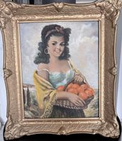 Gemälde mit Obstkorb im goldenen Rahmen, Vintage Stil