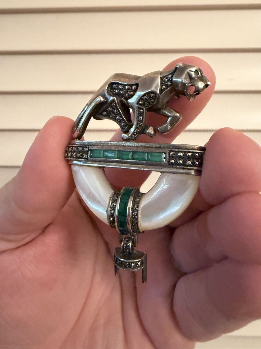 Spille & Fermagli: Vintage Panther Brosche Silber 925 Markasit Smaragd – Usato da Niederbipp venduto da yar_tf6f