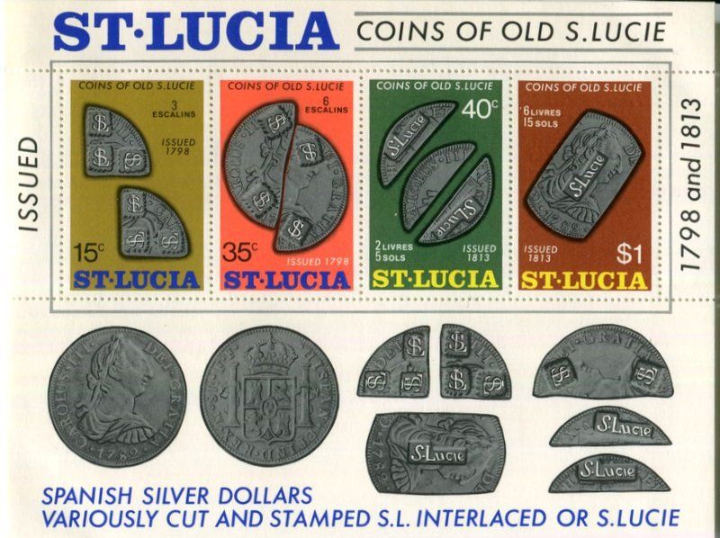 Alle Briefmarken: Block "Münzen". St. Lucia – Neu und originalverpackt aus Basel von Butsch5