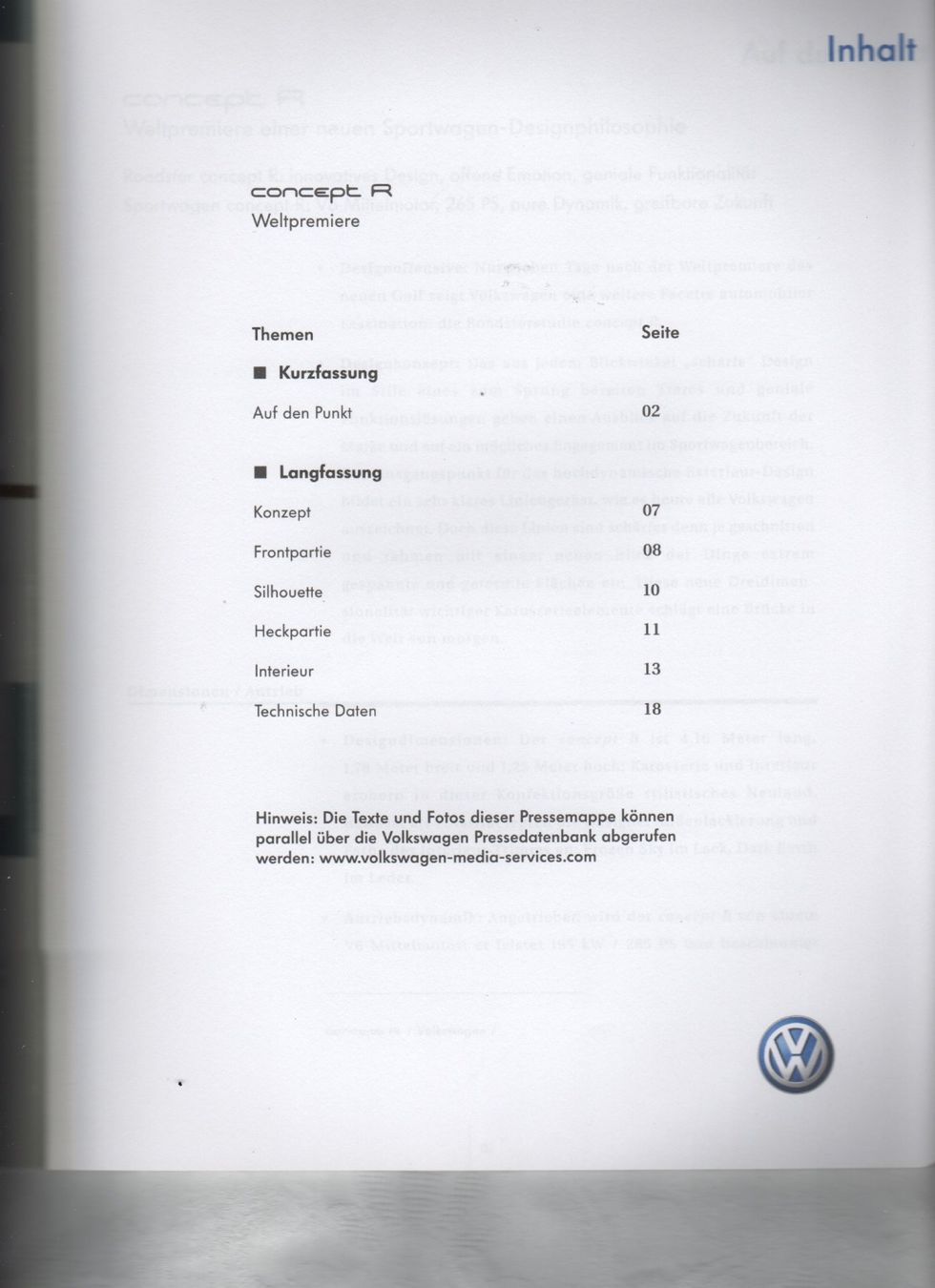 VW Documenti: Pressemappe VW Concept R IAA 2003 – Usato da Corminboeuf venduto da corbay 1