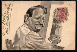 Handgemalt: Maler vor einer Leinwand im 