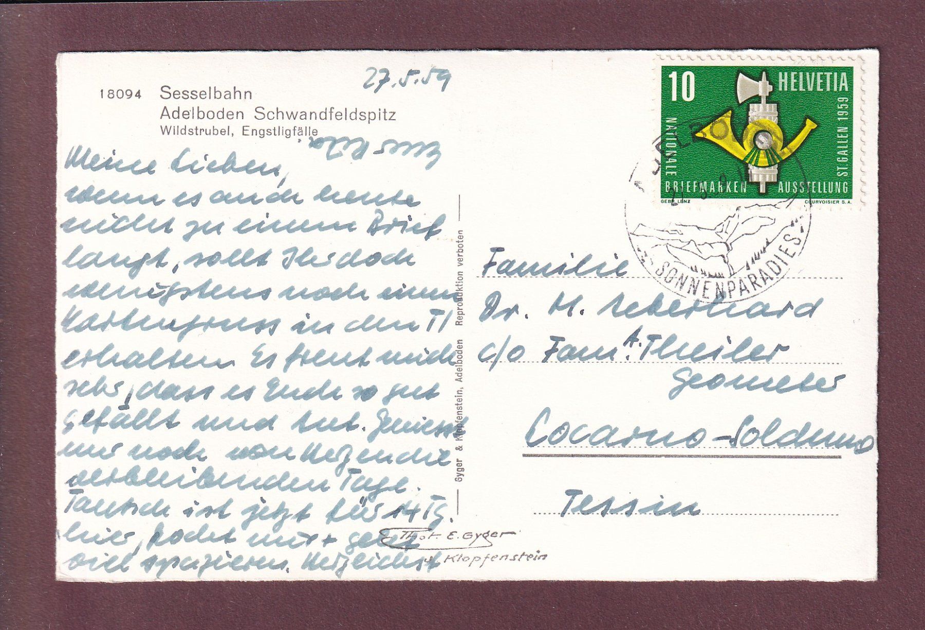 Cartoline postali: Sesselbahn ADELBODEN Schwandfeldspitz - 1959 – Usato da Pully venduto da nicecards 1