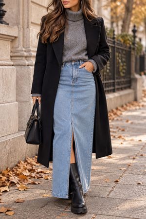 JUPE LONGUE EN DENIM BLEU CLAIR