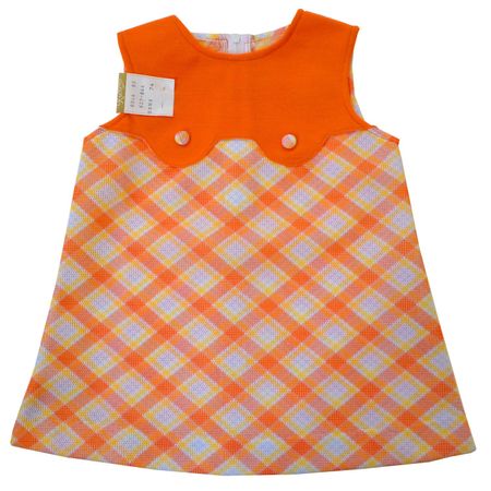 Kleid Mädchen orange kariert VINTAGE 70s NEU ca.  1 Jahr