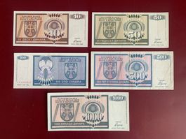BOSNIA HERZEGOVINA - 10, 50, 100, 500 & 1000 Dinara 1992 (5)