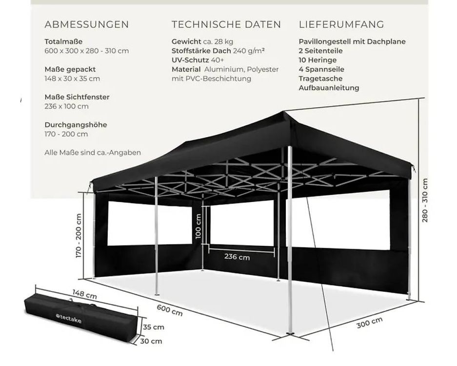 Tende & Padiglioni: Schwarzes Faltpavillon mit 2 Seitenteile 3x6m – Nuovo (secondo la descrizione) da Necker venduto da liq24 4