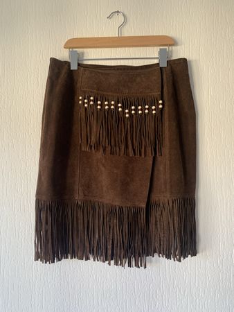 Jupe daim marron - western - franges et perles - L